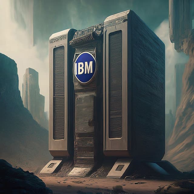 The IBM company logo on a wall. AI