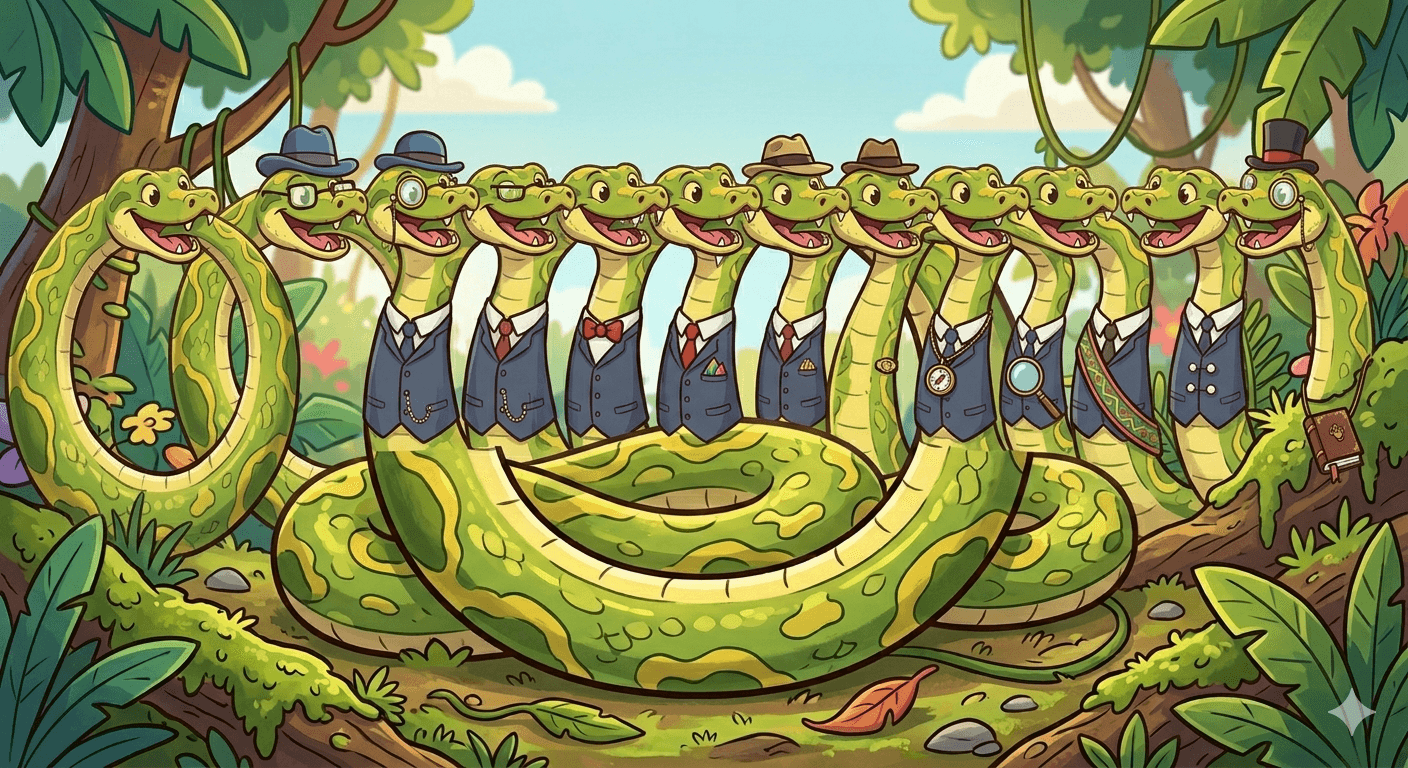 A sequence of pythons. AI generated.