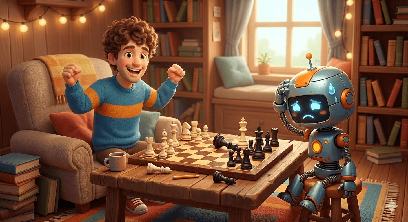 An AI generated image of a person beating a robot at a game of chess.