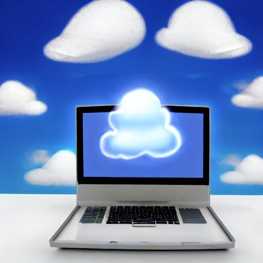 An AI generated image of a laptop surrounded by clouds.