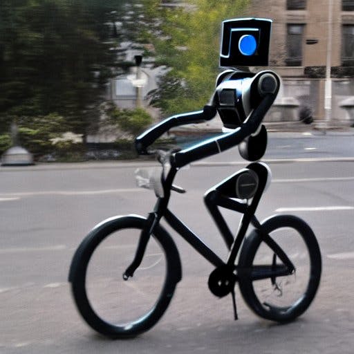 An AI generated image of a robot riding a bicycle.